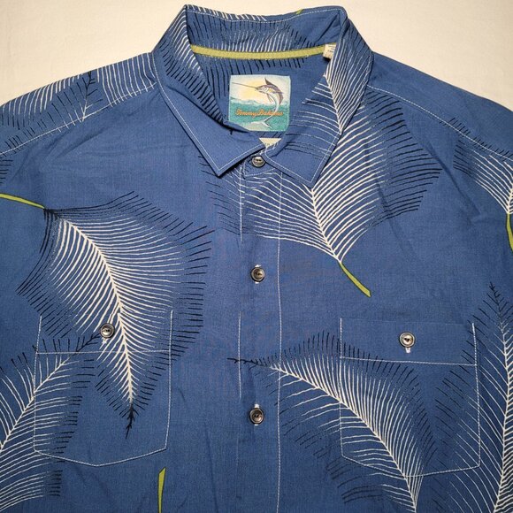Tommy Bahama Silk Button Up Blue Palm Leaf Print Camp Shirt Mens Size Large - Picture 3 of 11